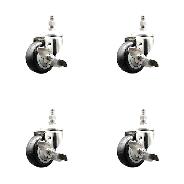 Service Caster 3.5 Inch 316SS Black Polyurethane Swivel 10mm Threaded Stem Caster Set Brake SS316TS20S3514-PPUB-BLK-TLB-M1015-4 - main